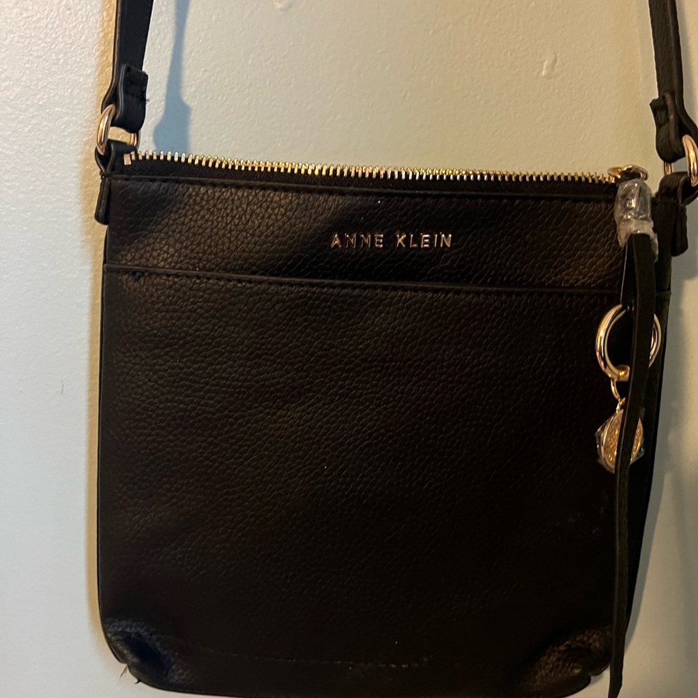 Anne Klein Black Pebbled Leather Crossbody with Gold Accents